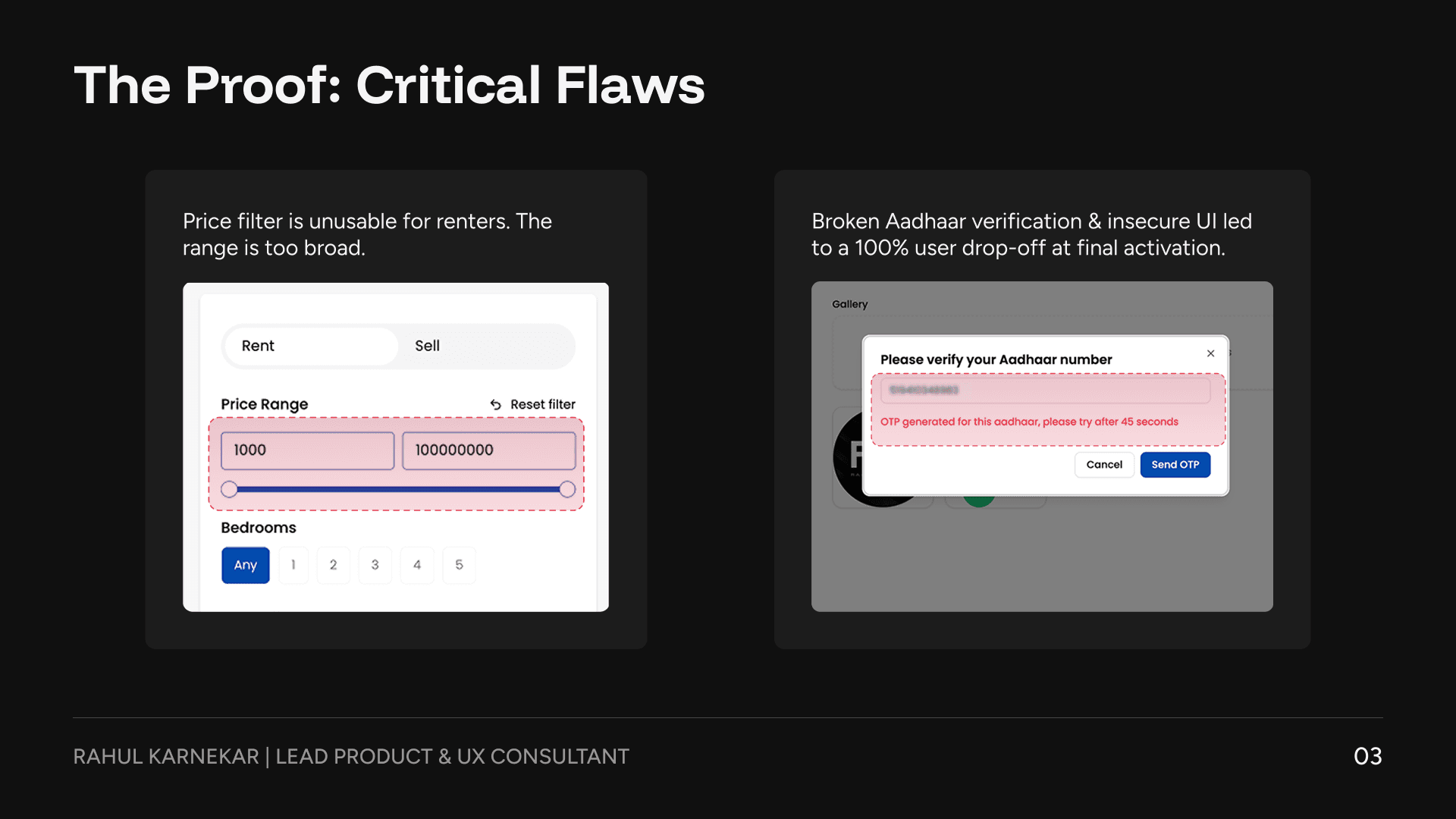 Price filter locked to a sales scale, and a broken Aadhaar verification modal rejecting a valid ID
