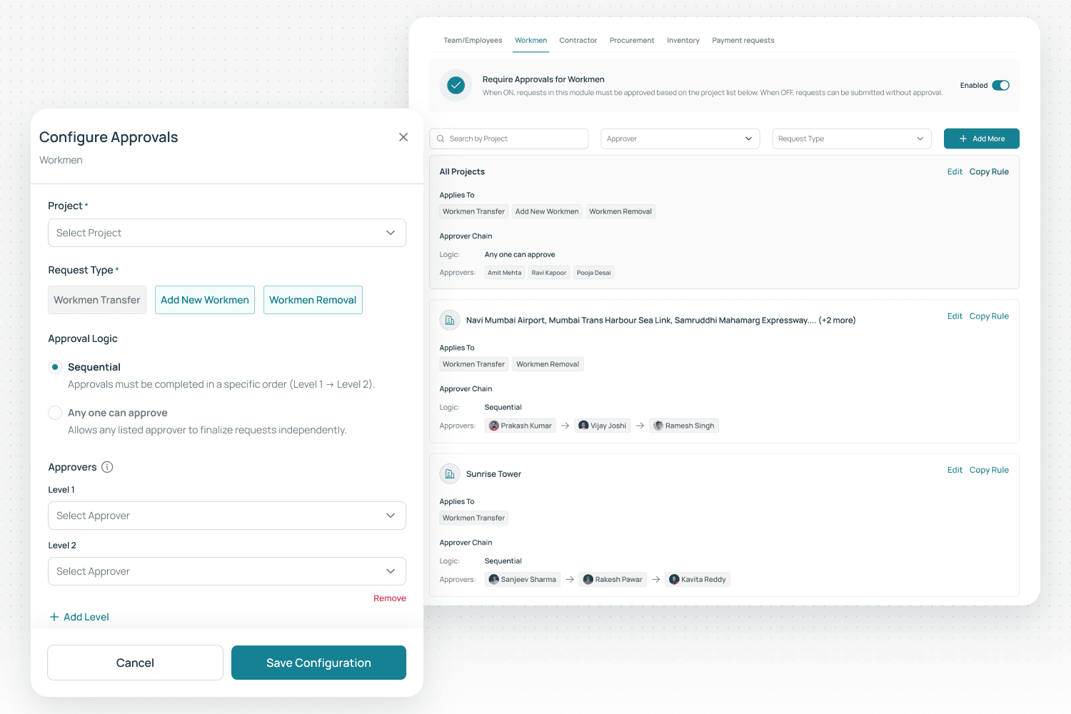 Configurable approval engine — sequential and role-based approval chains per project