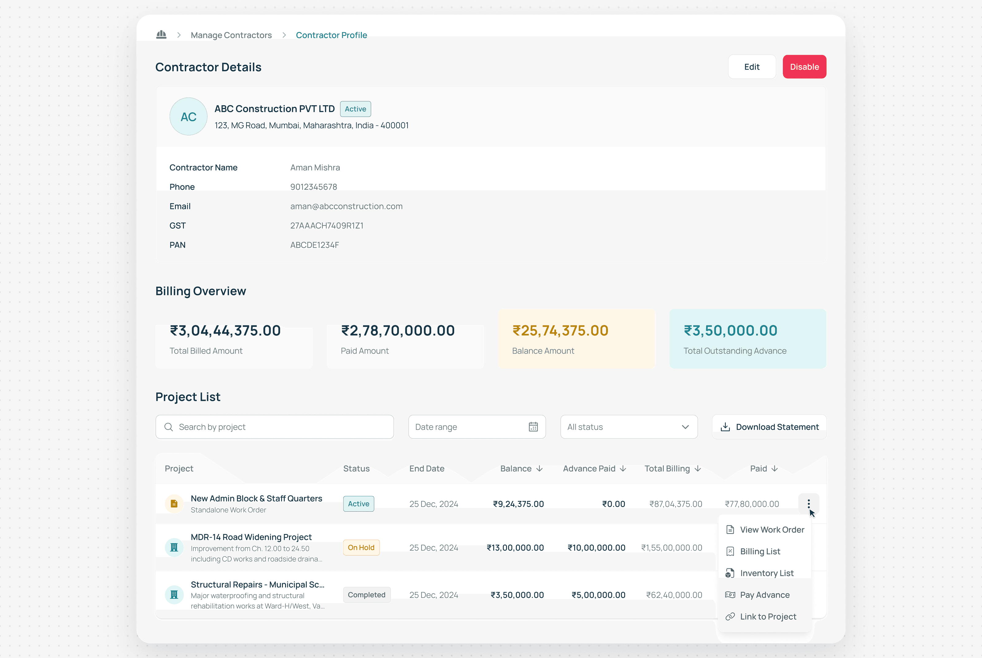 Single contractor relationship view — billing, payments, advances, projects