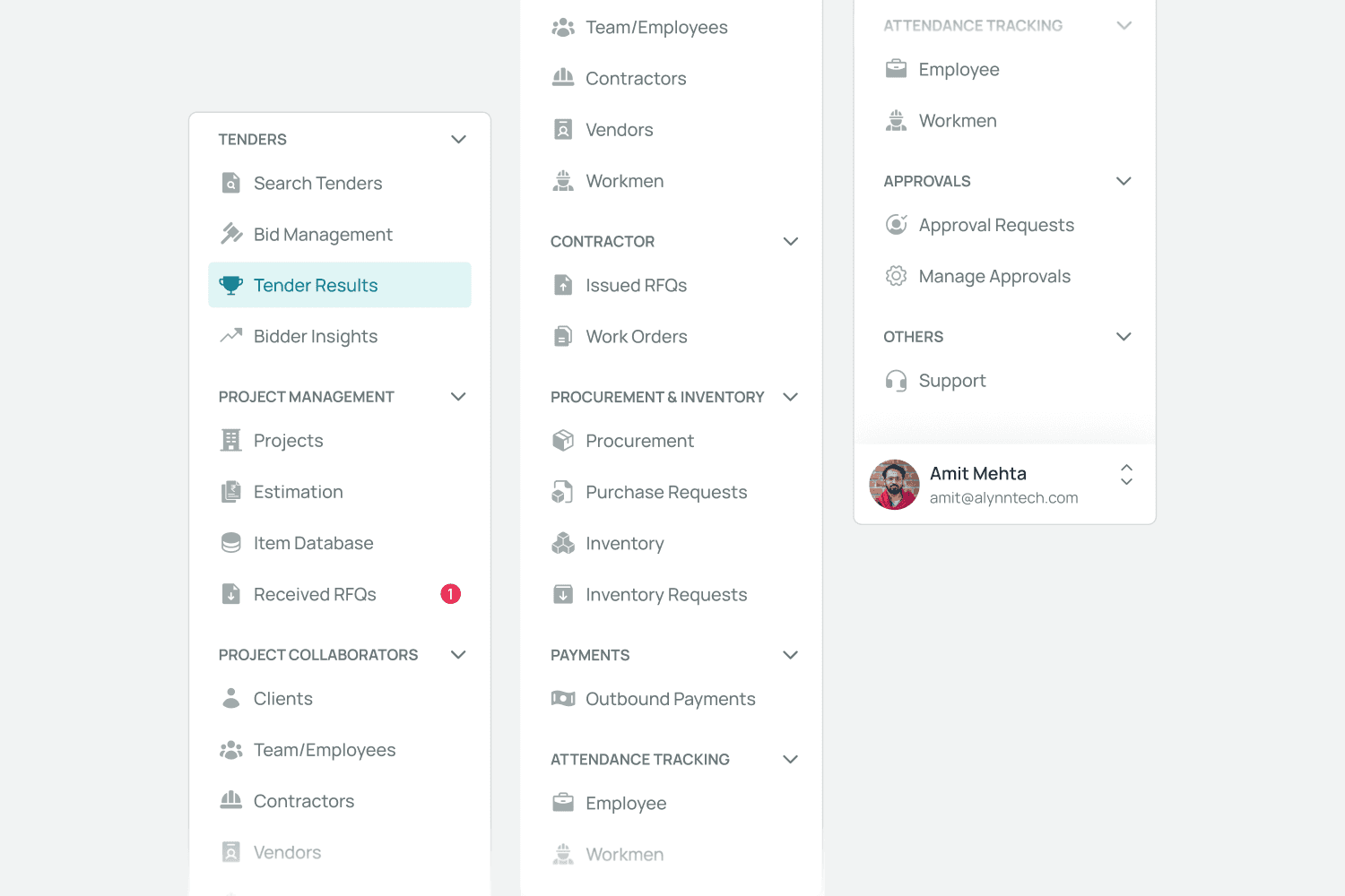 iBricks navigation — tenders, project management, procurement, payments, attendance, approvals