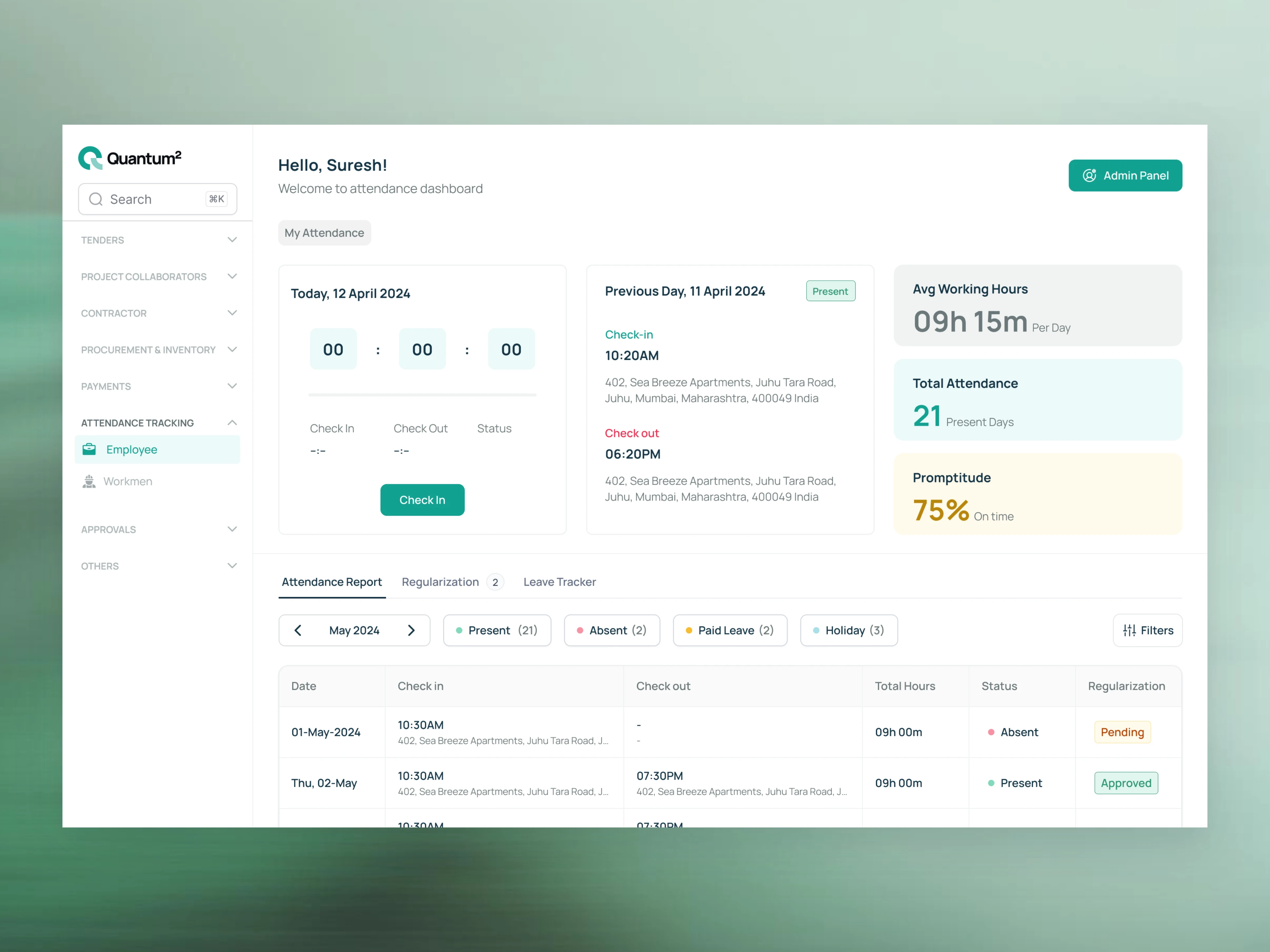 Employee attendance dashboard with check-in details, work-hour metrics, and attendance records