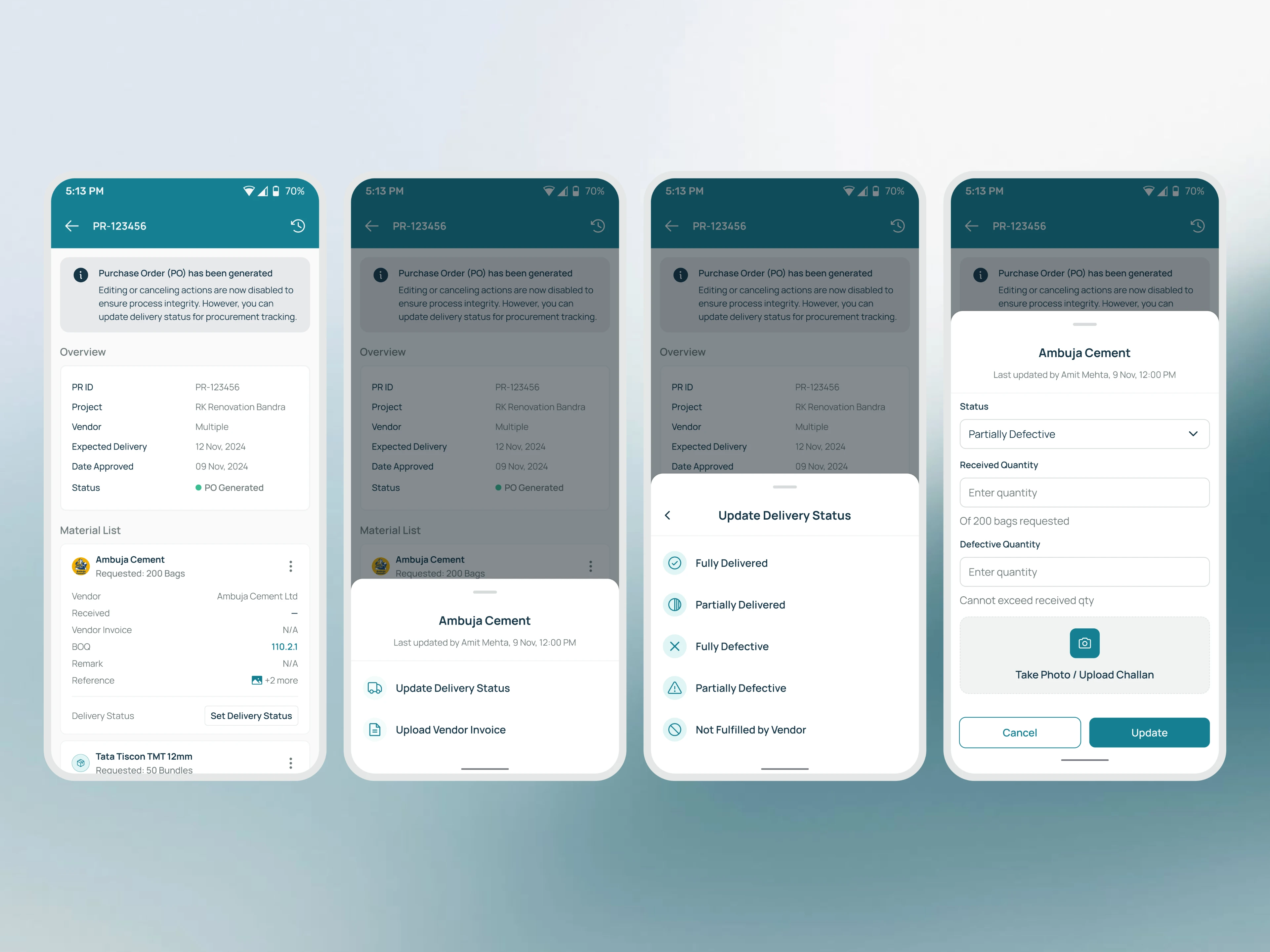 Mobile procurement workflow for reviewing and updating material delivery status