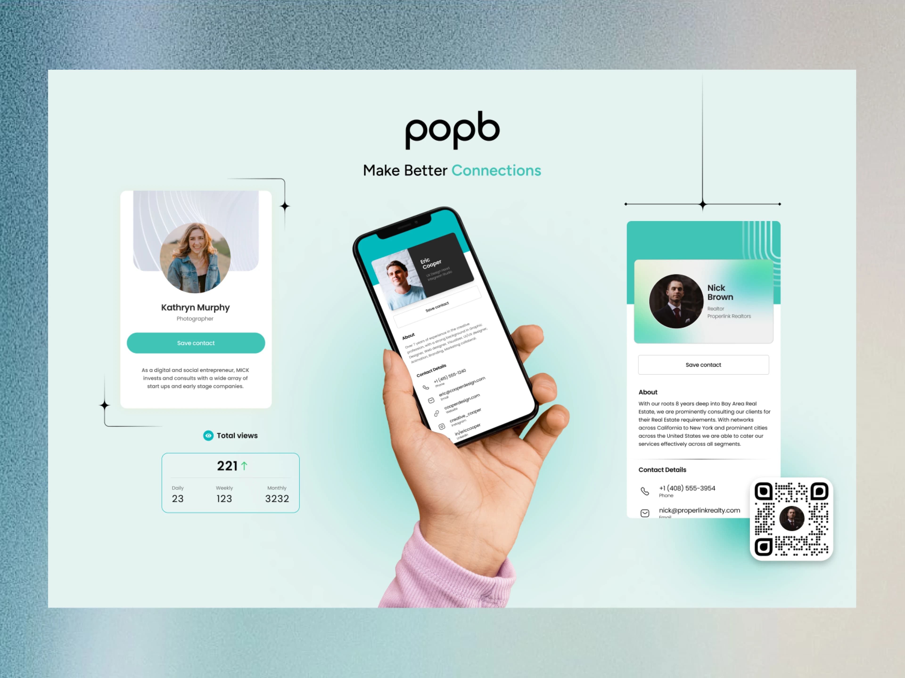 Popb digital business card experience with mobile profiles, analytics, and QR sharing