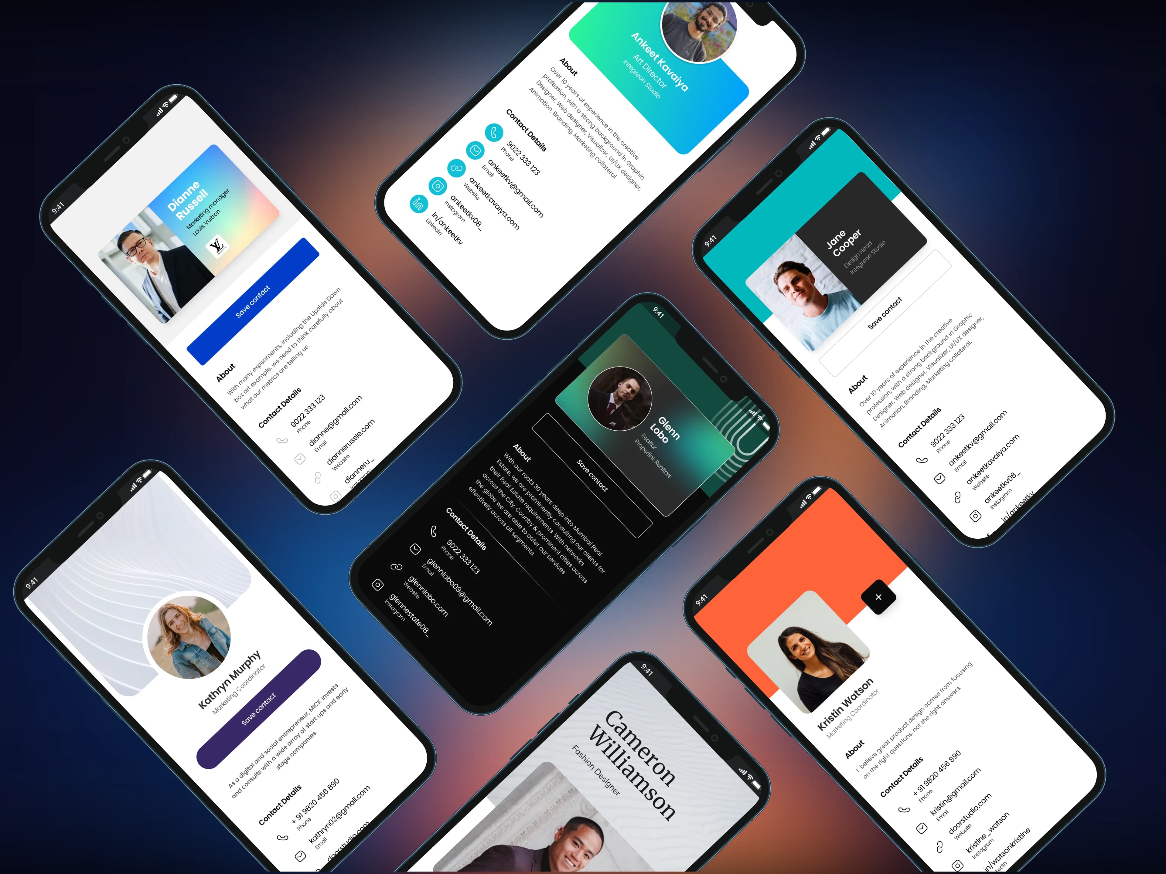 Collection of customizable Popb digital business card profiles displayed on mobile devices