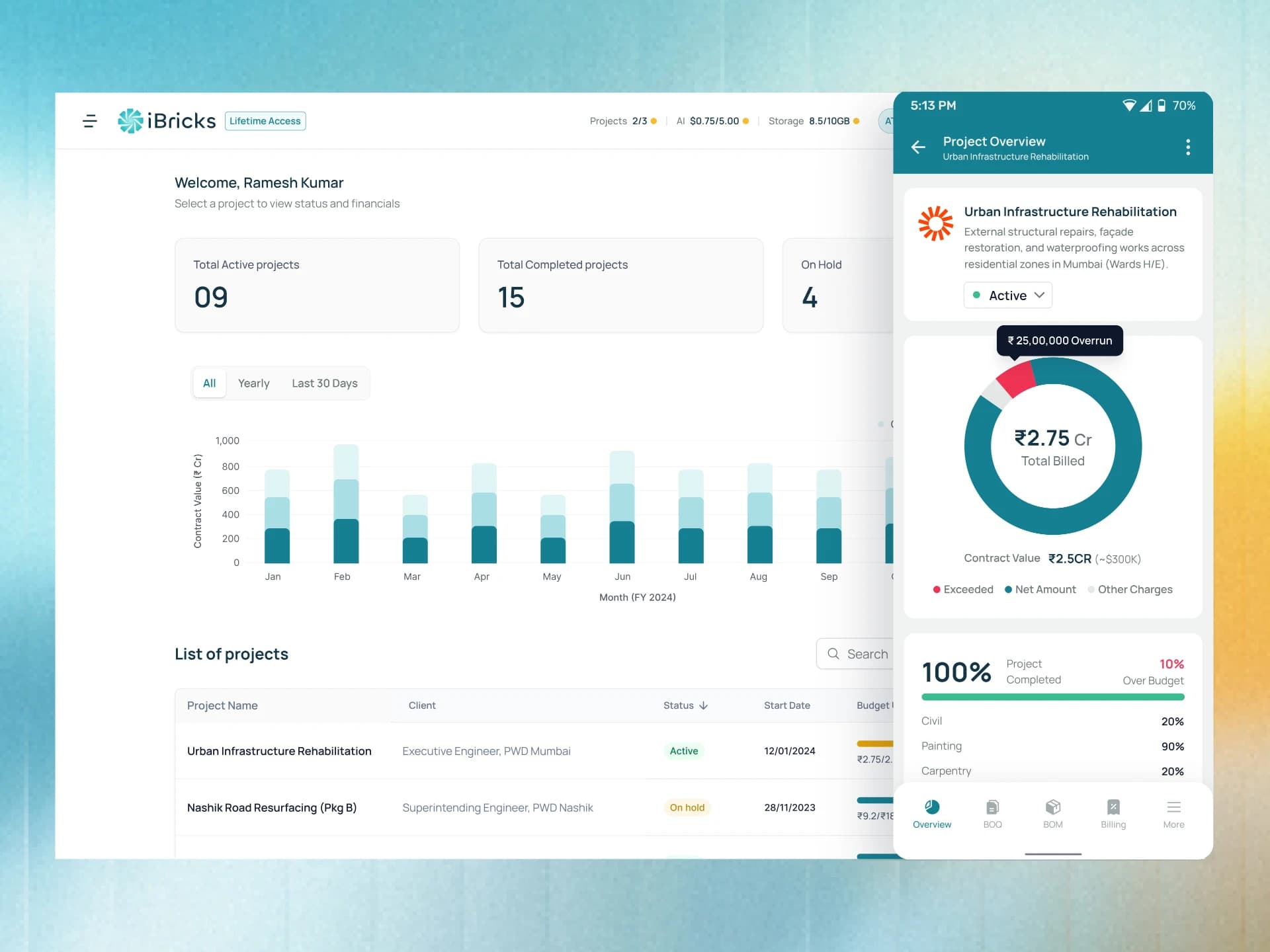 iBricks project dashboard with mobile project overview